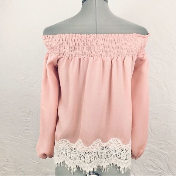 About A Girl Pink Off Shoulder Cream Lace Trim Top - Picture 4 of 8
